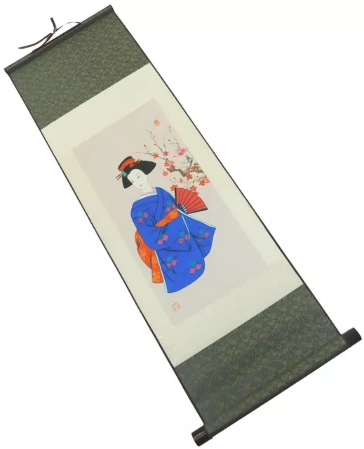 Geisha Japanese Girl Painting in Blue Kimono Wall Hanging Silk Scroll Print New 2