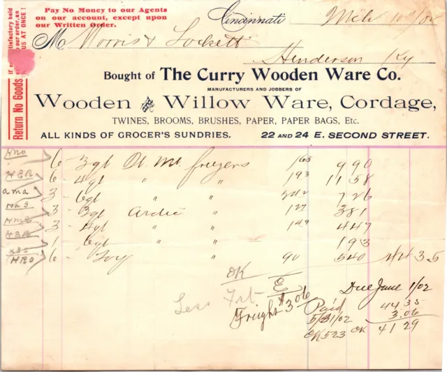 The Curry Wooden Ware Co Cincinnati OH 1902 Billhead Twine Brooms Paper Bags