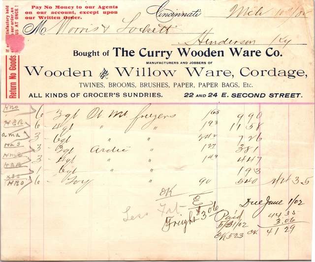 The Curry Wooden Ware Co Cincinnati OH 1902 Billhead Twine Brooms Paper Bags