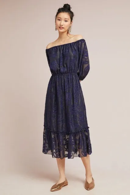 Shoshanna Womens Size 4 Blue Floral Metallic Midi Off Shoulder Dress Silk Blend