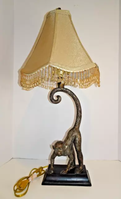 Monkey Table Lamp Curved Tail with Scalloped Beaded Shade 28.5”