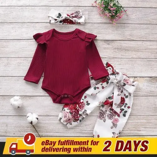 3PCS Newborn Baby Girls Clothes Romper Tops Floral Pants Headband Outfit Set