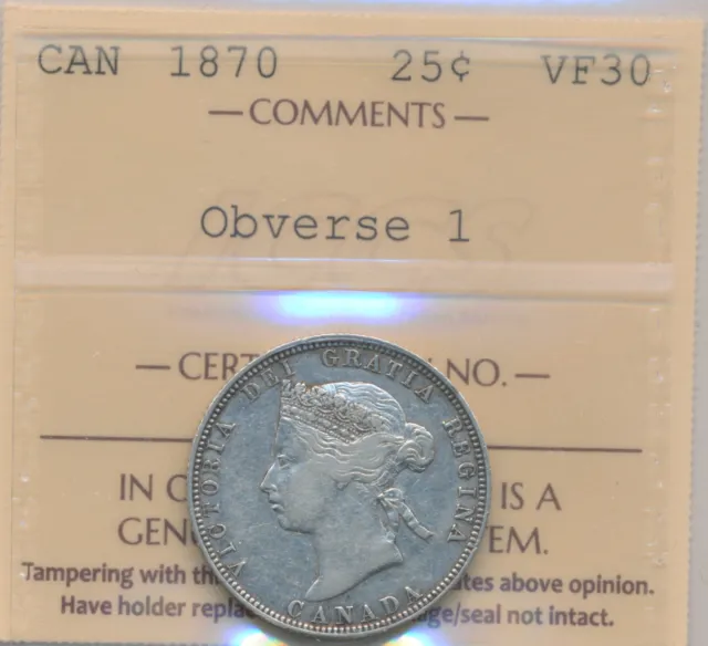 Canada Victoria 25 Cents 1870 Obverse 1 - ICCS VF30