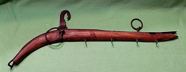 Antique rustic WOOD & HAND WROUGHT IRON horse harness wall decoration with hooks