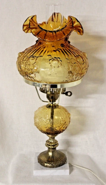 20" Vintage Fenton Amber Glass Lamp w/Rose Pattern & Marble Base Works