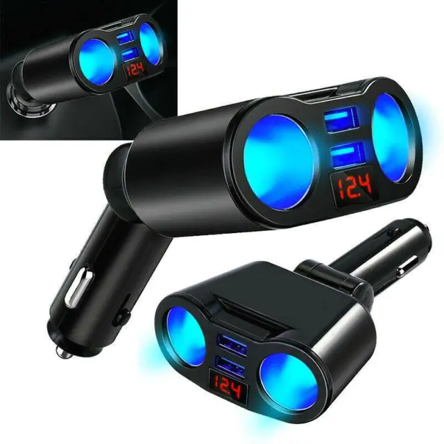 12V LED Car Cig Lighter Adapter Charger - 2 Way Dual Socket Splitter for