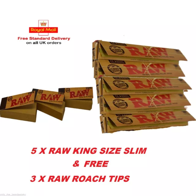 RAW Genuine Rolling Papers King Size Slim Classic Unrefined Skin+ RAW TIPS FREE.
