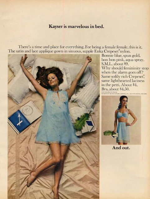 KAYSER IS MARVELOUS in bed and out - nightgown, bra & slip ad 1969