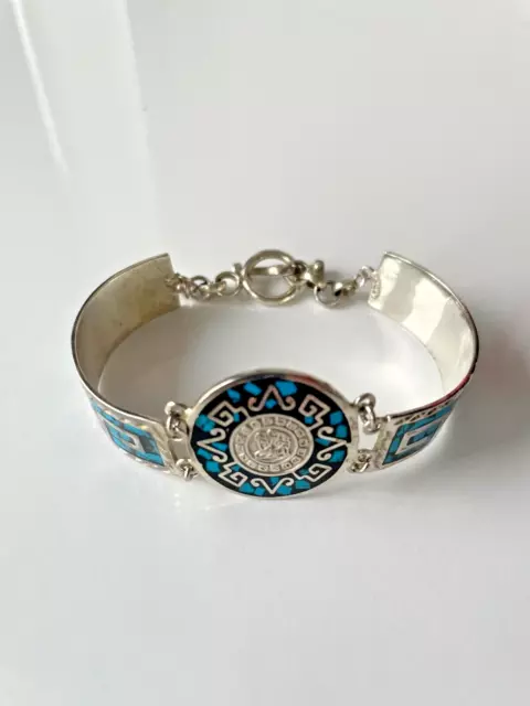 Vintage mexican aztec inlaid silvertone bracelet 2