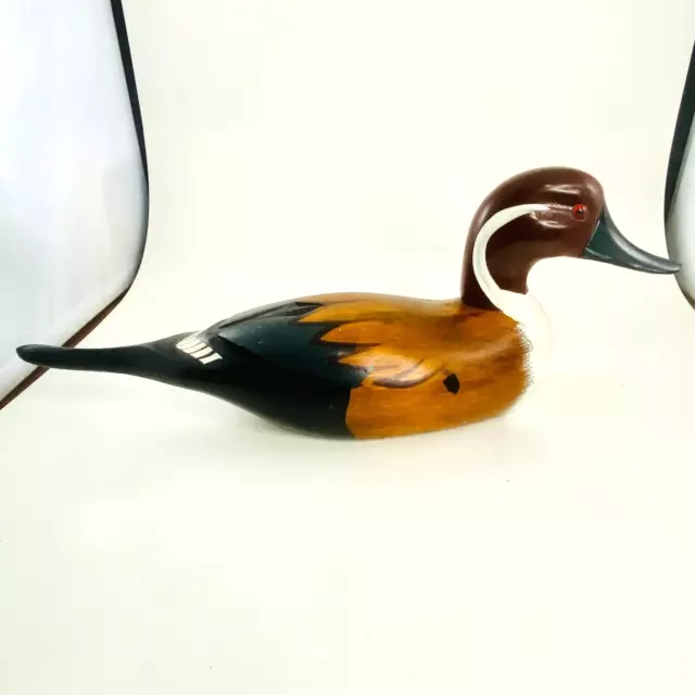 Vintage Wooden Hand Carved Hand Painted Duck Decoy Glass Eyes Made in Taiwan