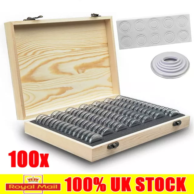 100PCS 33MM Coin Capsules Storage Boxes Holder Collection Display W/ Wooden Case