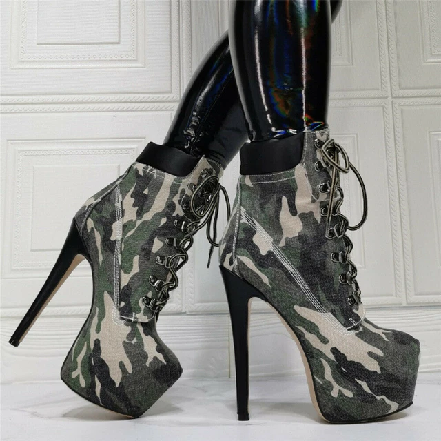 Scarpe mimetiche da donna in pizzo lacci tacco a spillo taglie forti stivaletti 47
