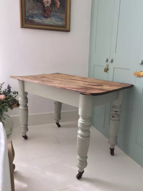 Beautiful Antique French Farmhouse Kitchen Table - Turned Legs + Castors