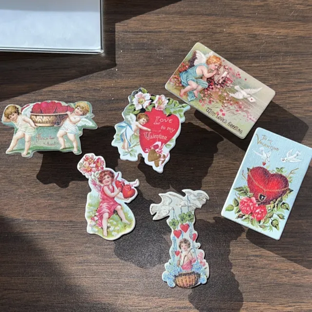 6 Vintage Antique Looking Victorian Valentine Lot Paper Clips Wood Die Cut