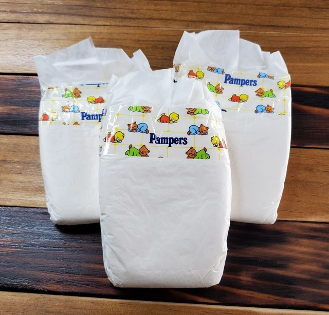 3 pañales de hospital vintage Pampers fases talla recién nacido 1992 EE. UU. espalda de plástico años 90 1