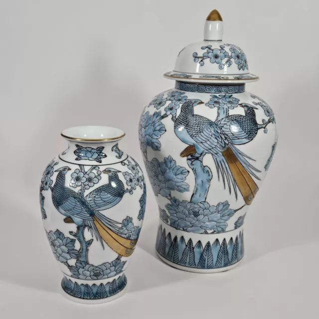Vintage Set Of Hand Painted Gold Imari Blue Peacocks Urn/Vases - Made in Japan