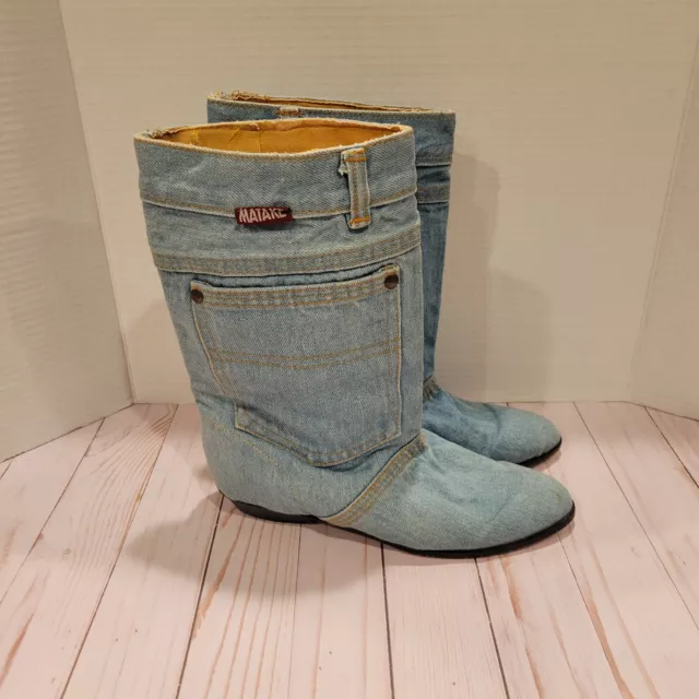 VINTAGE MATAKE WOMENS Denim Mid Calf Boots Low Heel Country Cowboy Size ...