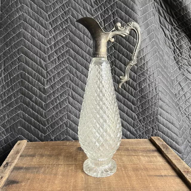 Vintage Italian Silver Plated & Lead Cut Crystal Decorative Wine Decanter