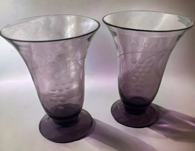 Vintage 1950s Aperitif Cordial Amethyst Crystal Etched Glasses  Set Of 2 MINT