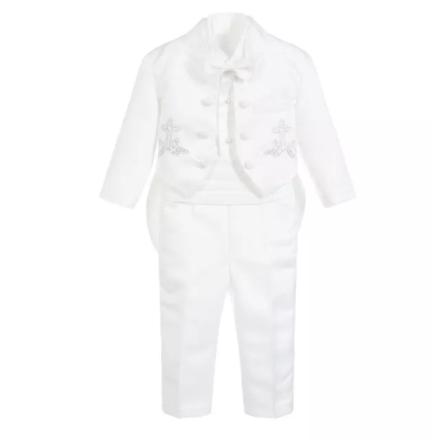 New Baby Boys 5 Piece White Christening Tailcoat Bowtie Suit Age 6-9, 12-18Mth