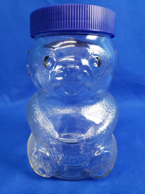 Vintage Glass Skippy Peanut Butter Teddy Bear Jar 1990 48 oz 7.5 1990s Blue Lid