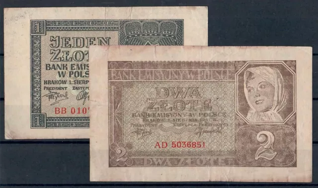 Polen (GG) 2 Geldschein aus 1941 (1 und 2 Zloty) gebraucht bitte ansehen