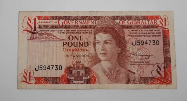 1975 - Government of Gibraltar - £1 (One) Pound Banknote, Serial No. J 594730