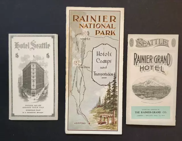 SEATTLE & RAINIER NAT'L PARK lodging - 3 antique brochures - c. 1920