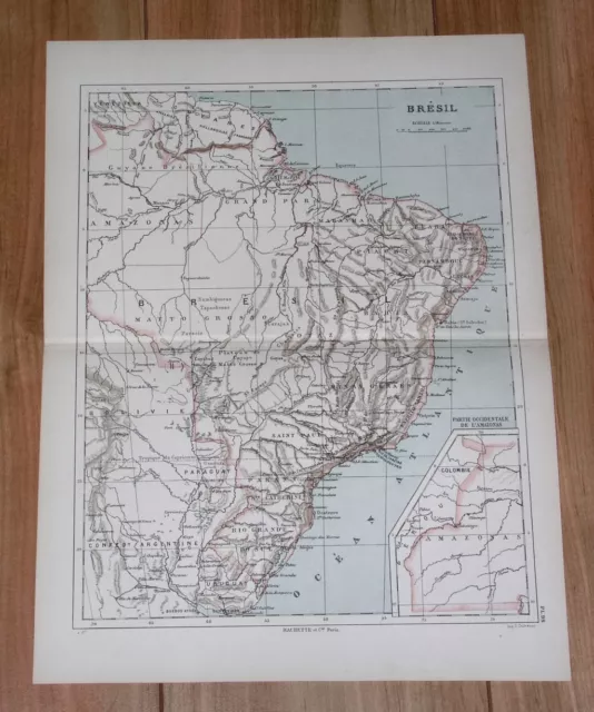 1887 Original Antique Map Of Brazil / South America