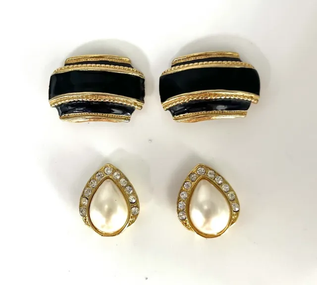•2pr VTG SG D’OR Black Enamel Gold Tone Shoe Clips Added Extras NYC Faux Pearl