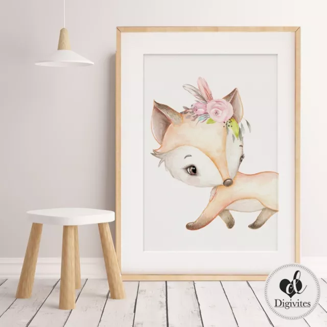 Baby, Girl Nursery Wall Art Prints Boho Watercolour Woodland Animals Girls Room