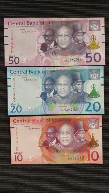 LESOTHO 50 20 & 10 Maloti 2021 UNC Banknote Set