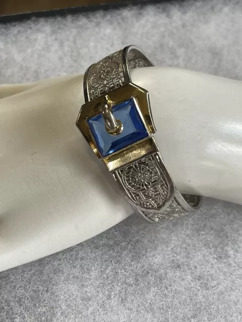 Art Deco JJ White Rhodium Filigree Hinged Bangle Buckle Bracelet Blue Stone Vtg