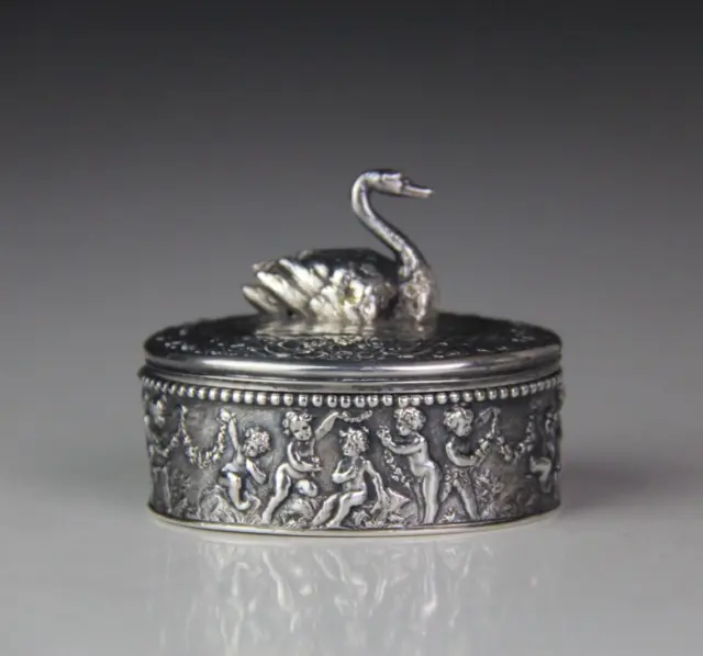 Continental Silver Trinket/Ring Box w/ Figural Swan Cover - Germany