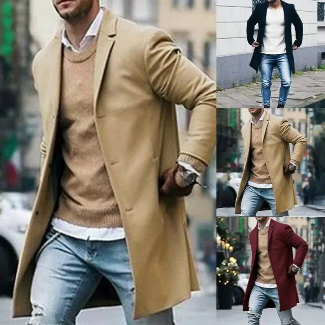 Mens Winter Trench Coat Single Breasted Warm Formal Long Jacket Overcoat Outwear