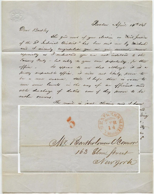 USA 1848 LETTER re BARTHOLOMEW OCONNOR CIVIL JUSTICE NY..BOSTON EXPRESS MAIL