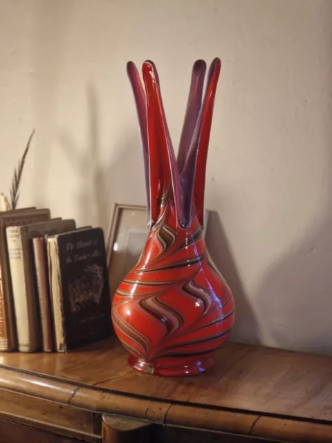 Rare Huge Essie Zareh Baijan Russian Red Pronged Abstract Studio Art Glass Vase