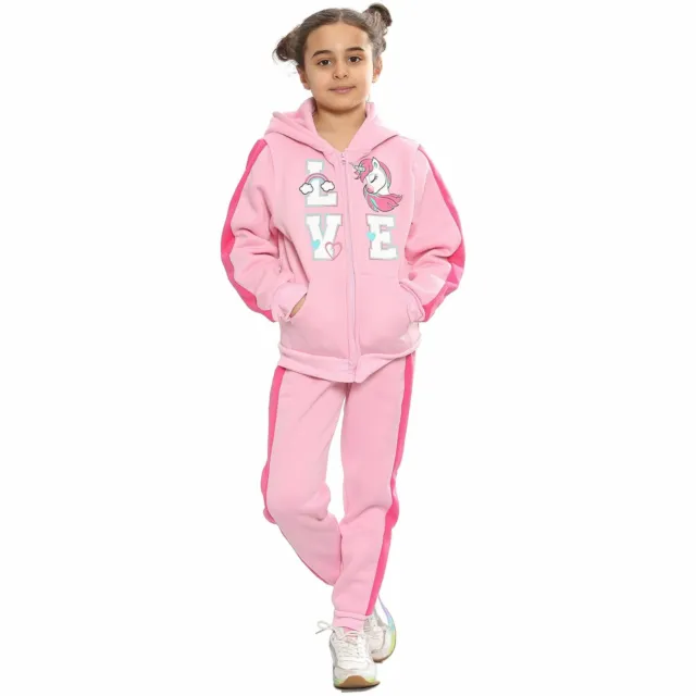 Kids Girls Love Tracksuit Fleece Zipper Hoodie Trouser 2 Piece Suit