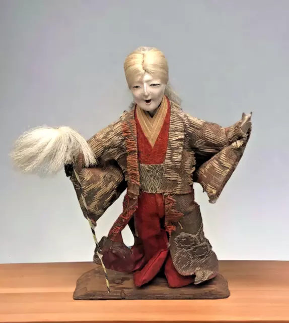 Rare Antique 19th Century Japanese Hina Dolls Ningyo Old Woman Holds Hairy Staff