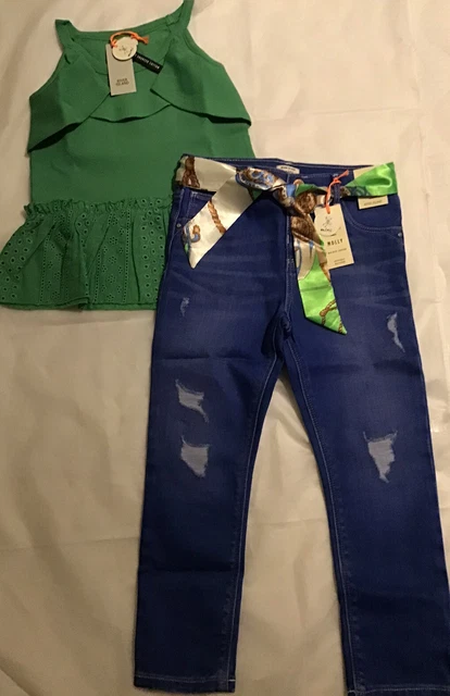 Abito jeans top River Island mini bambina età 3-4 anni verde peplum nuovo con etichette