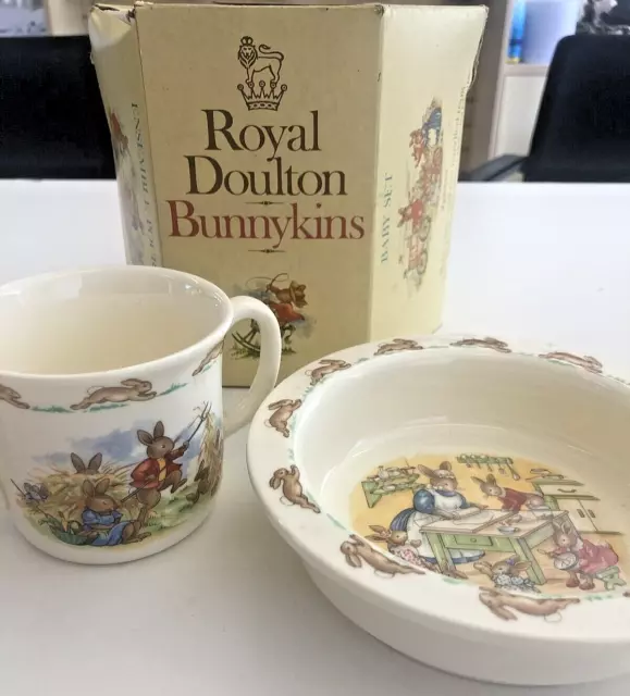 Vintage 1980 Royal Doulton Bunnykins Baby Set, Porringer Bowl & 2 Handled Mug MT