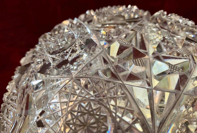 Vintage American Brilliant Cut Glass Crystal Bowl Sharp Latticework Radial Stars 6