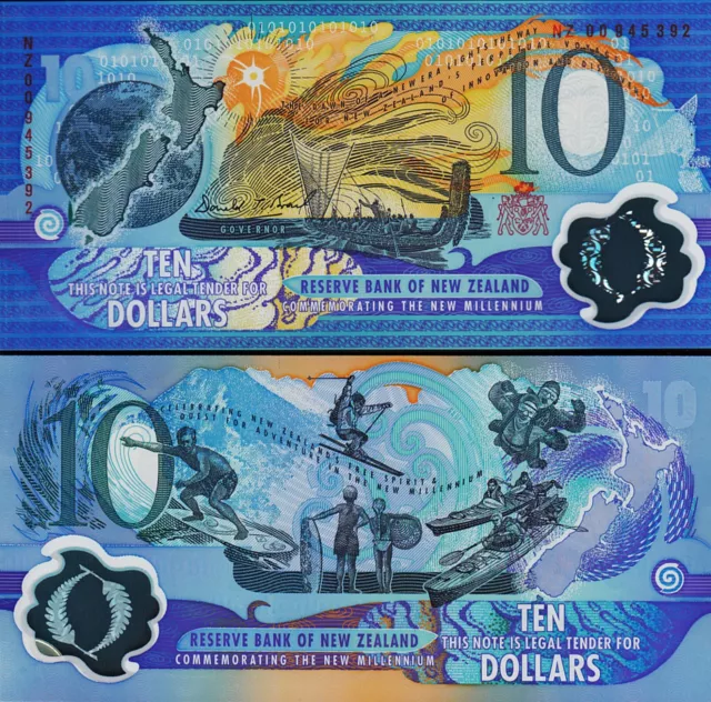 New Zealand 10 Dollars 2000, UNC, POLYMER, Red Serial, Commemorative, P-190b