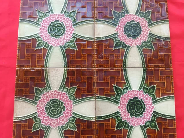 4 Piece Lot Old Art Flower Design Embossed Majolica Ceramic Tiles England 0200 3