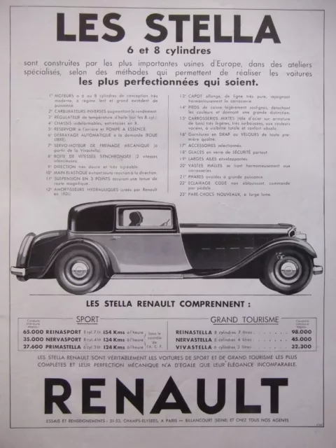 Publicité De Presse 1933 Renault Les Stella 6 Et 8 Cylindres - Advertising