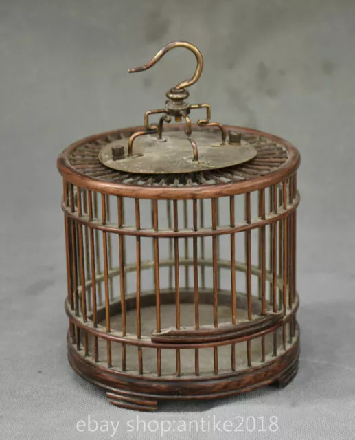 6.4 " Old Chinese Huanghuali Wood Inlay Bronze Dynasty Portable Cage Birdcage