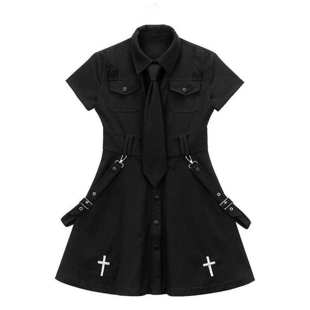 Robe Lolita Gothique Punk Noire - Col Carré, Manches Bouffantes, Taille Haute - Neuf Avec étiquettes