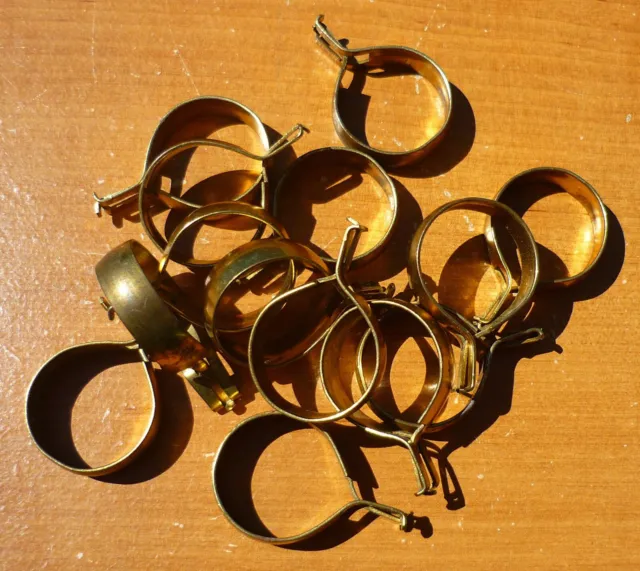 (14) Vintage Brass 7/8" Clip-On Cafe Curtain Drapery Rings - Light Age Patina