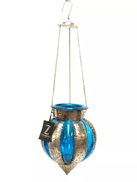 Hanging Glass Moroccan Style Lantern Candle Holder Blue Hand Made Zenda Imports