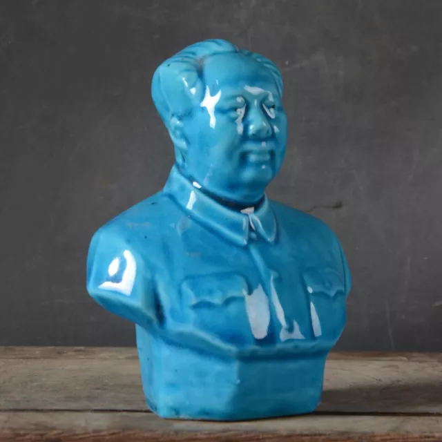 Chinese Blue Glaze Porcelain Mao Zedong Figurine Chairman Mao Bust Statue 3.66"